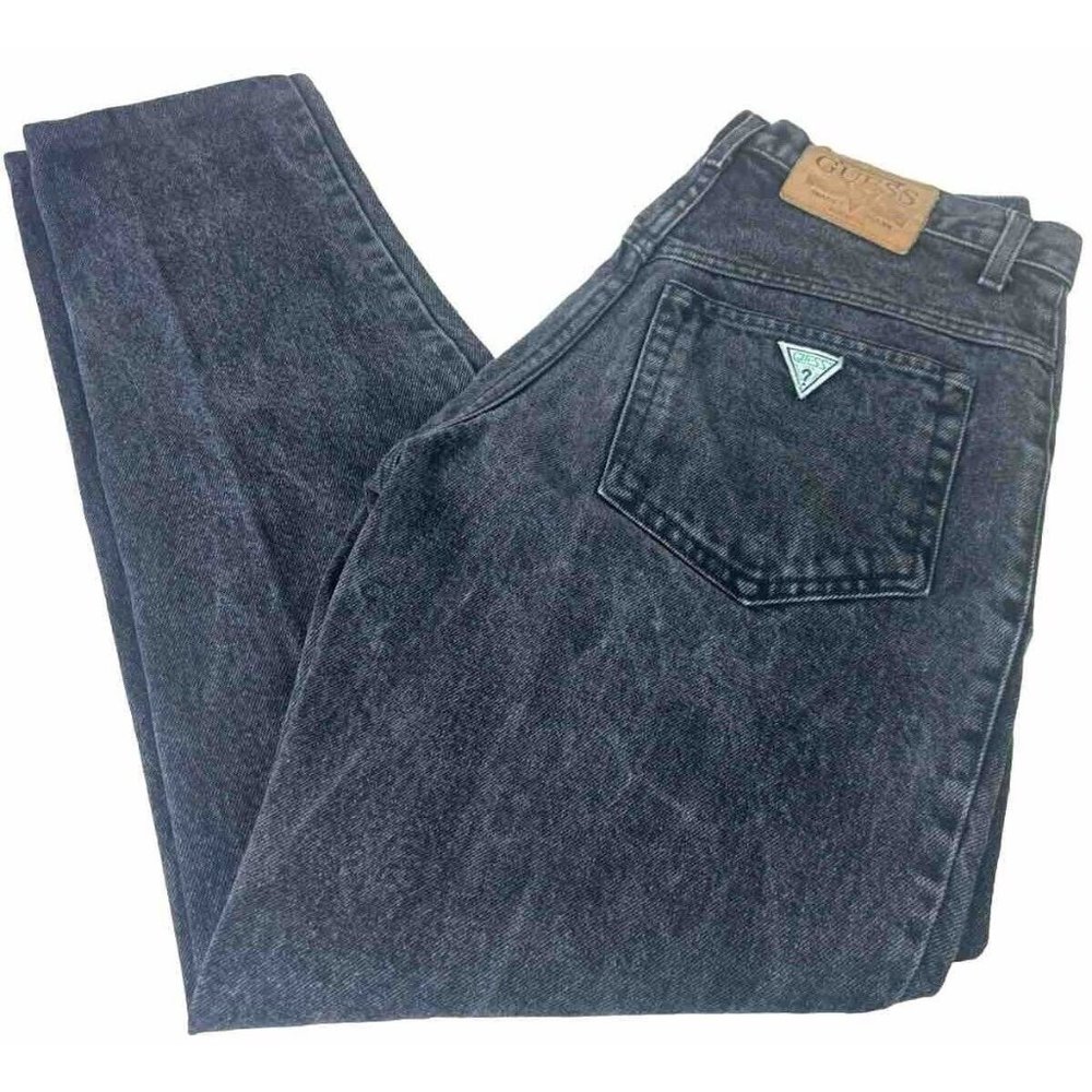 VTG Guess Sz 29 (Actual 28x28) Stonewash Black Taper 2 Button Jeans EUC